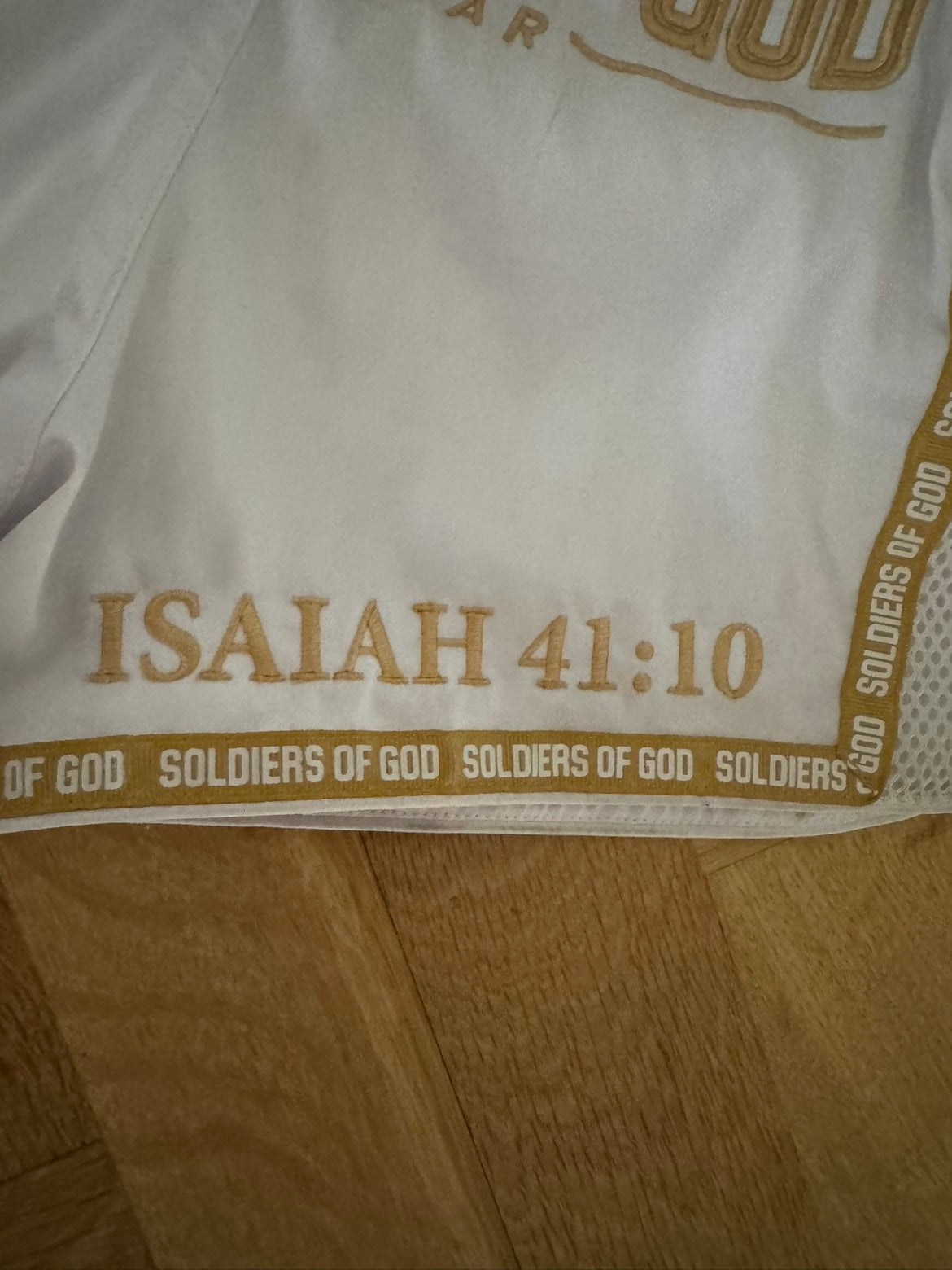 Soldiers Of God White and Gold Muay Thai Shorts.