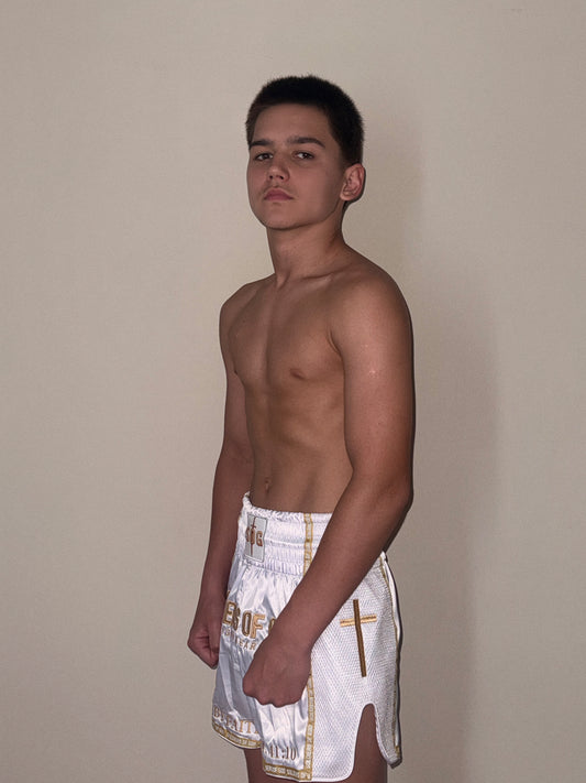 White and Gold Muay Thai shorts|Catholic edition
