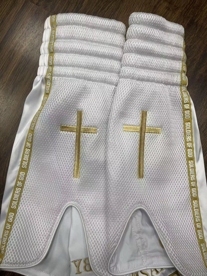 White and Gold Muay Thai shorts|Catholic edition