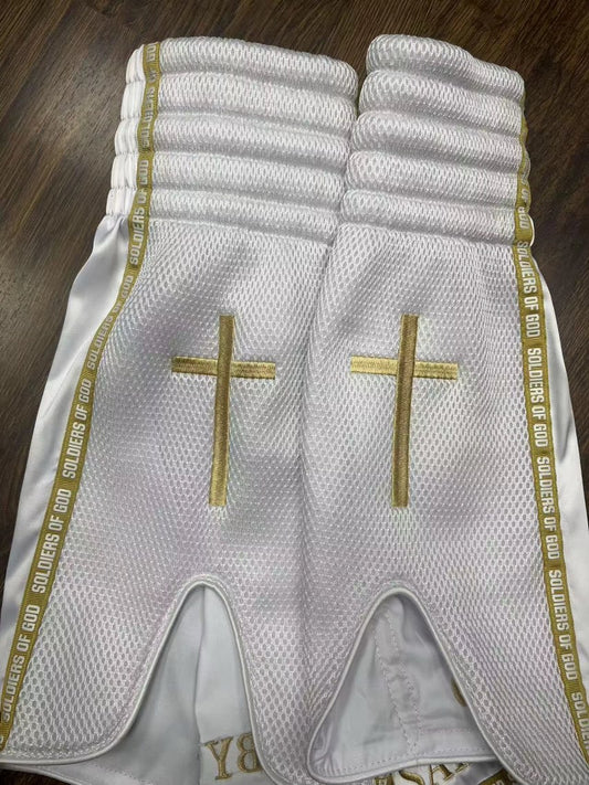 White and Gold Muay Thai shorts|Catholic edition