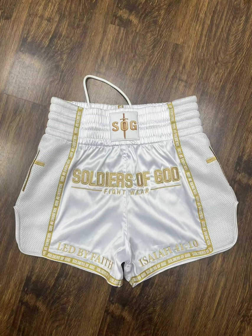 White and Gold Muay Thai shorts|Catholic edition