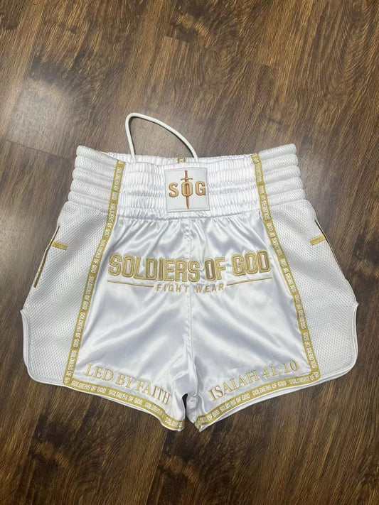 White and Gold Muay Thai shorts|Catholic edition