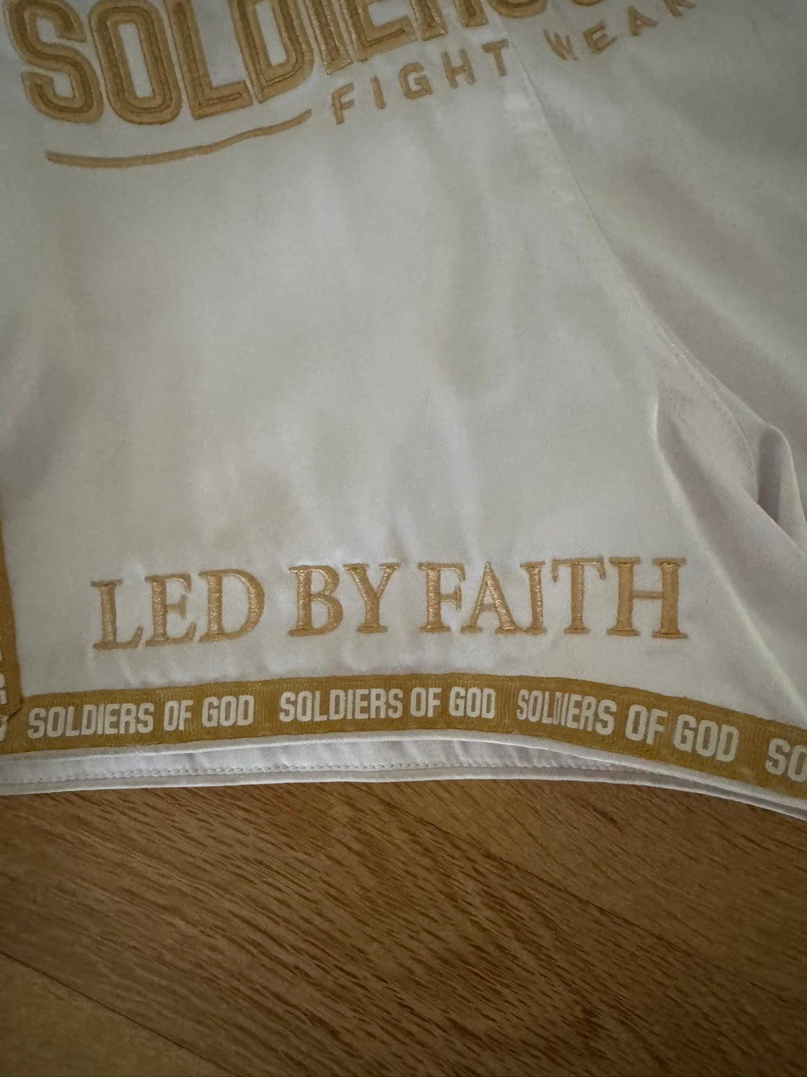 White and Gold Muay Thai shorts|Catholic edition