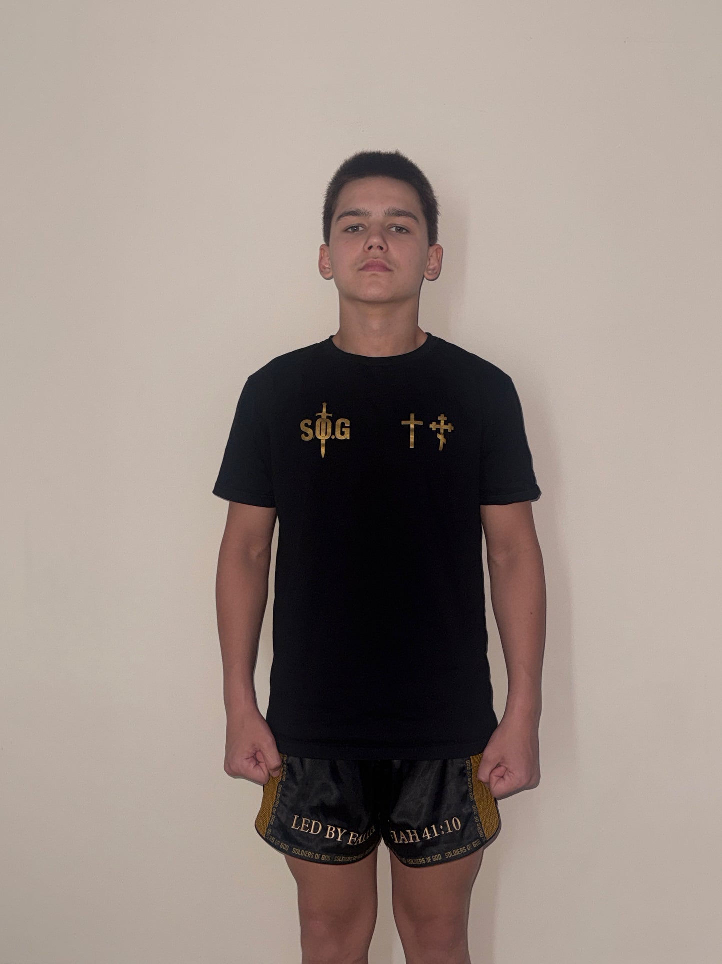 Soldiers of God Fightwear T-Shirt – Black/Gold (100% Cotton)