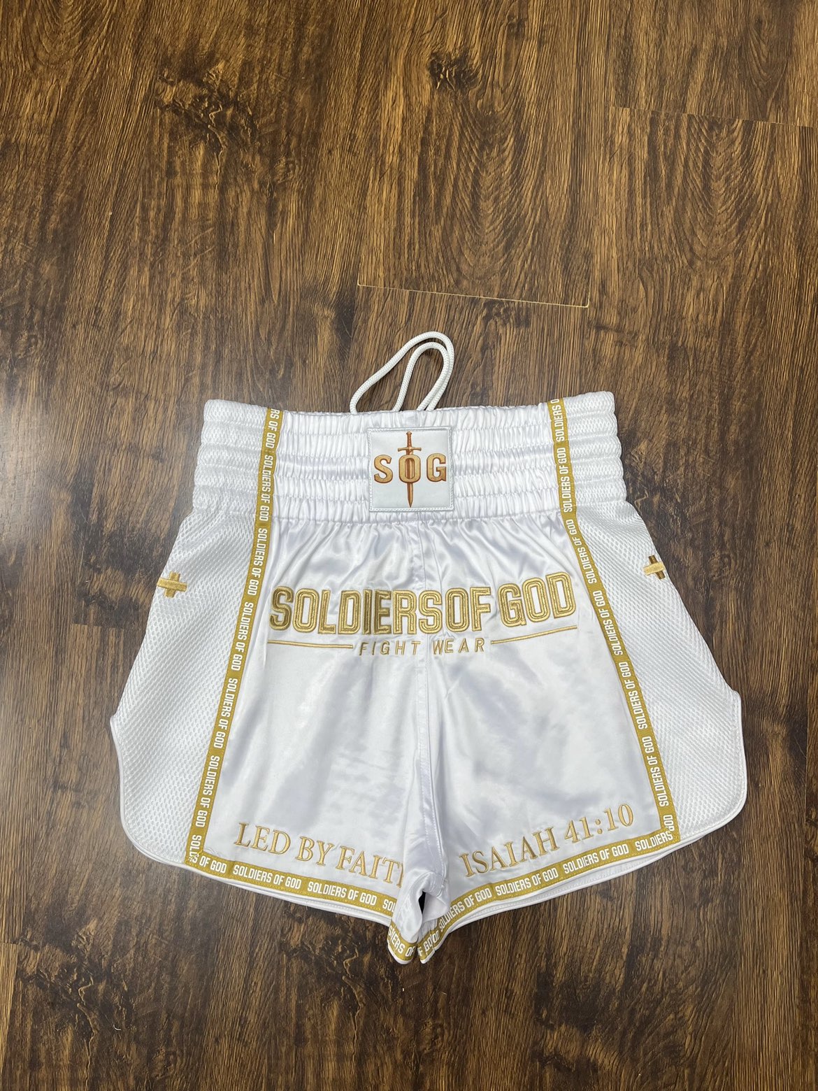 Soldiers Of God White and Gold Muay Thai Shorts.