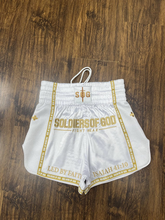 Soldiers Of God White and Gold Muay Thai Shorts.